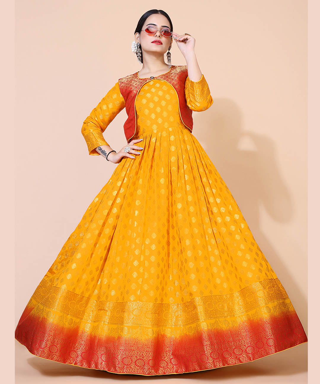 Yellow and maroon floral jacquard maxi dress, ideal for elegant and festive occasions with a touch of sophistication.