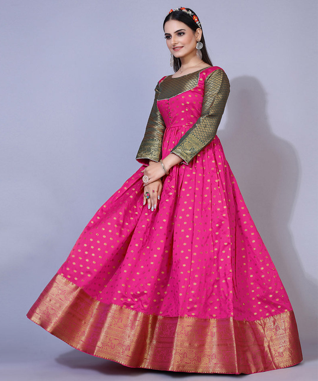 Women's magenta jacquard maxi dress with ethnic motifs, perfect for cultural and festive occasions.