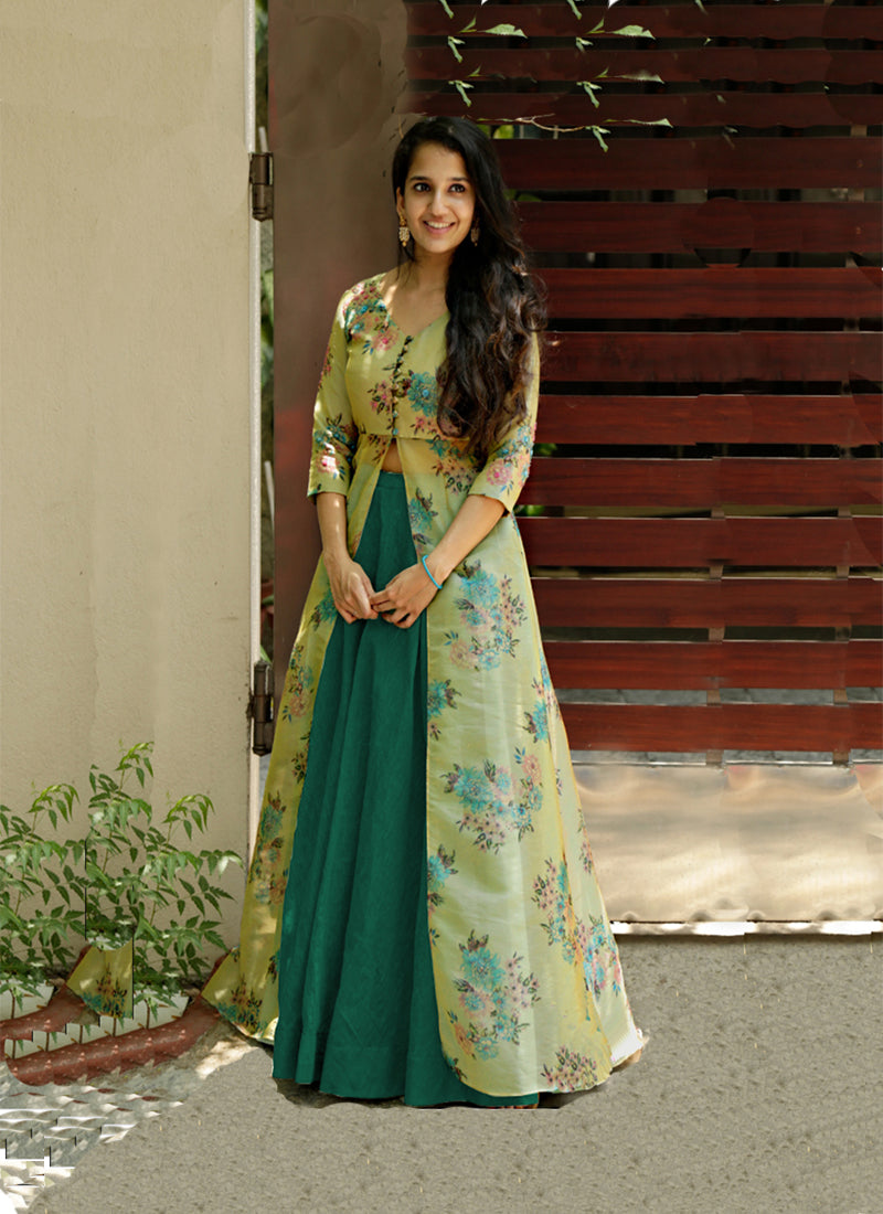 Adorable Indo-western outfit: floral printed skirt paired with a luxurious tissue silk top.