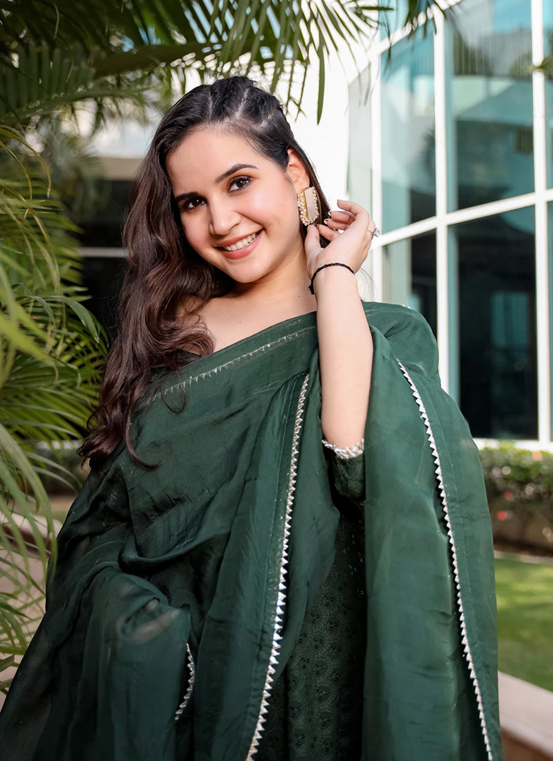 Flowing georgette sharara with delicate Lucknowi chikankari embroidery.     tune  share   more_vert