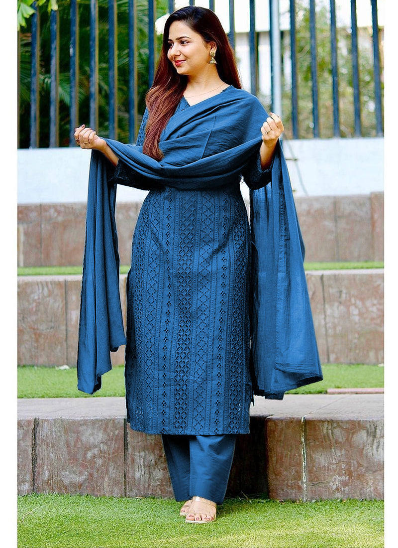 Flowy viscose rayon salwar suit with classic chikankari embroidery.     tune  share   more_vert