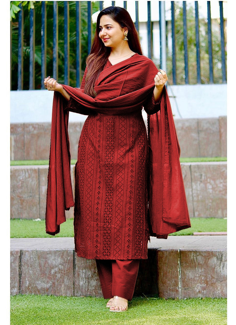 Flowy viscose rayon salwar suit with classic chikankari embroidery. tune share more_vert