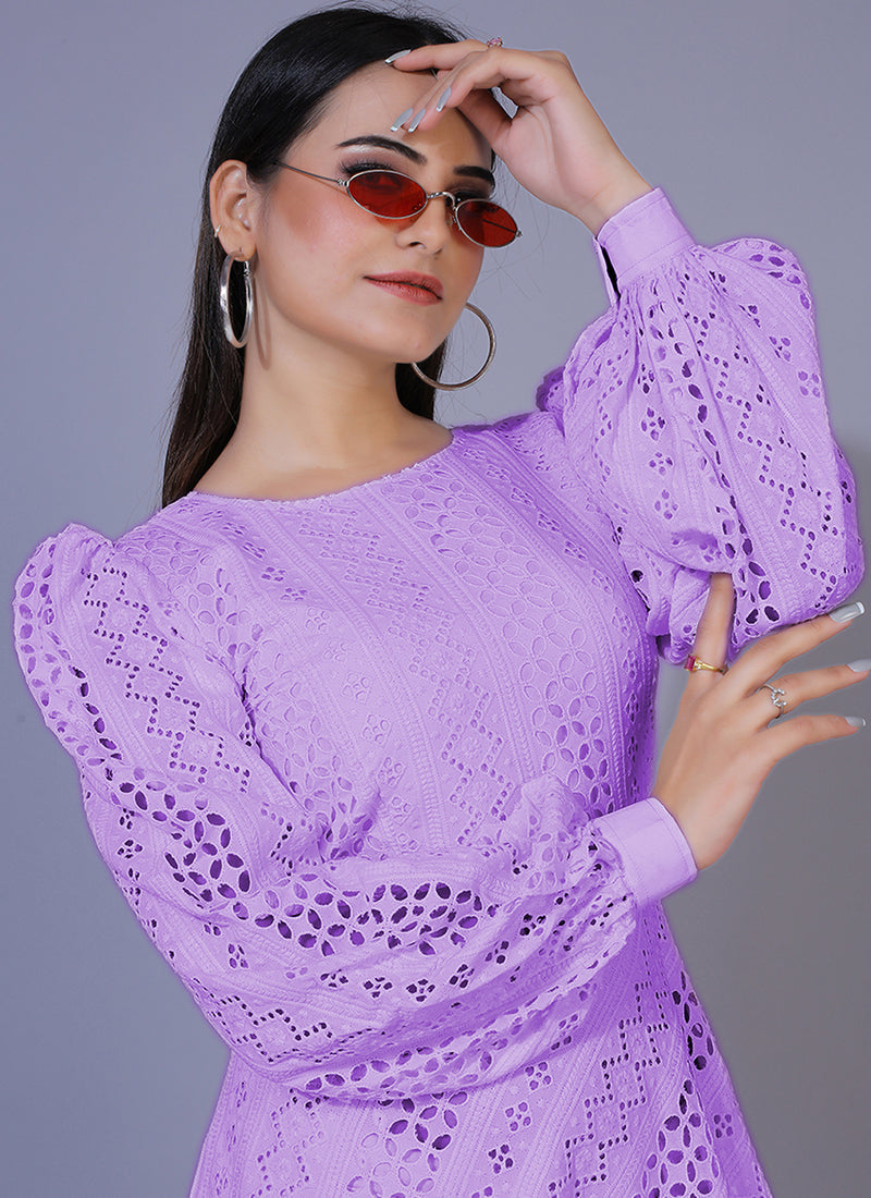 Lavender Lucknowi Chikankari border work rayon western dress, ideal for stylish and festive occasions with a traditional touch.