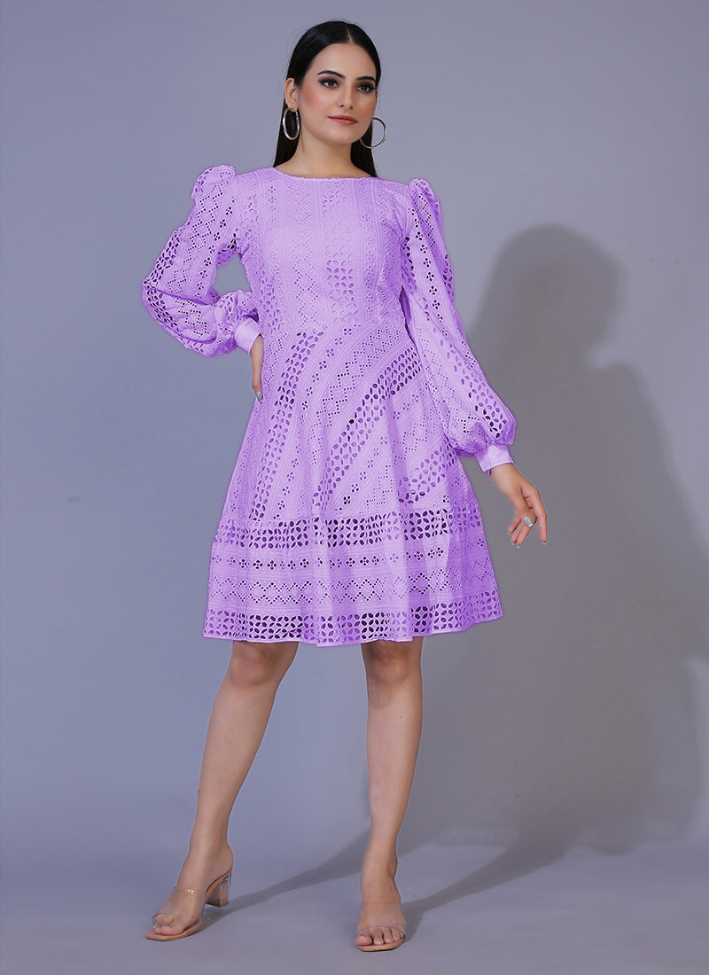 Lavender Lucknowi Chikankari border work rayon western dress, ideal for stylish and festive occasions with a traditional touch.