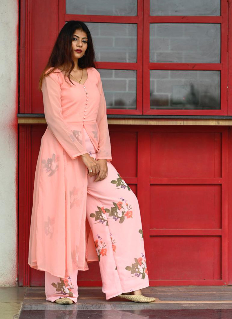 Lovely Light Peach Colored Partywear Printed Georgette Top-BottomPlazz