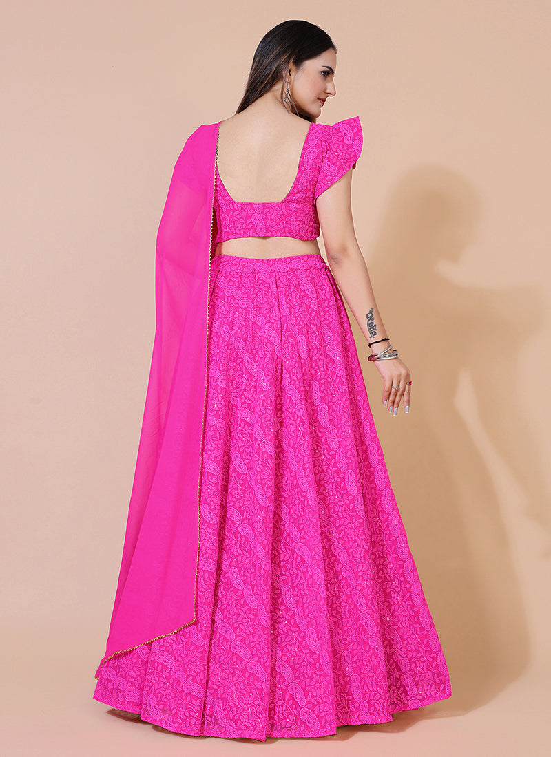 Magenta Chikankari work ready-to-wear lehenga and blouse with dupatta, ideal for traditional and festive occasions.