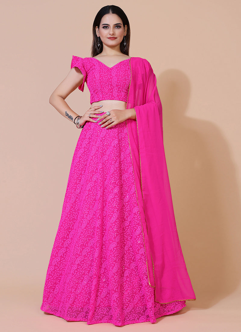 Magenta Chikankari work ready-to-wear lehenga and blouse with dupatta, ideal for traditional and festive occasions.