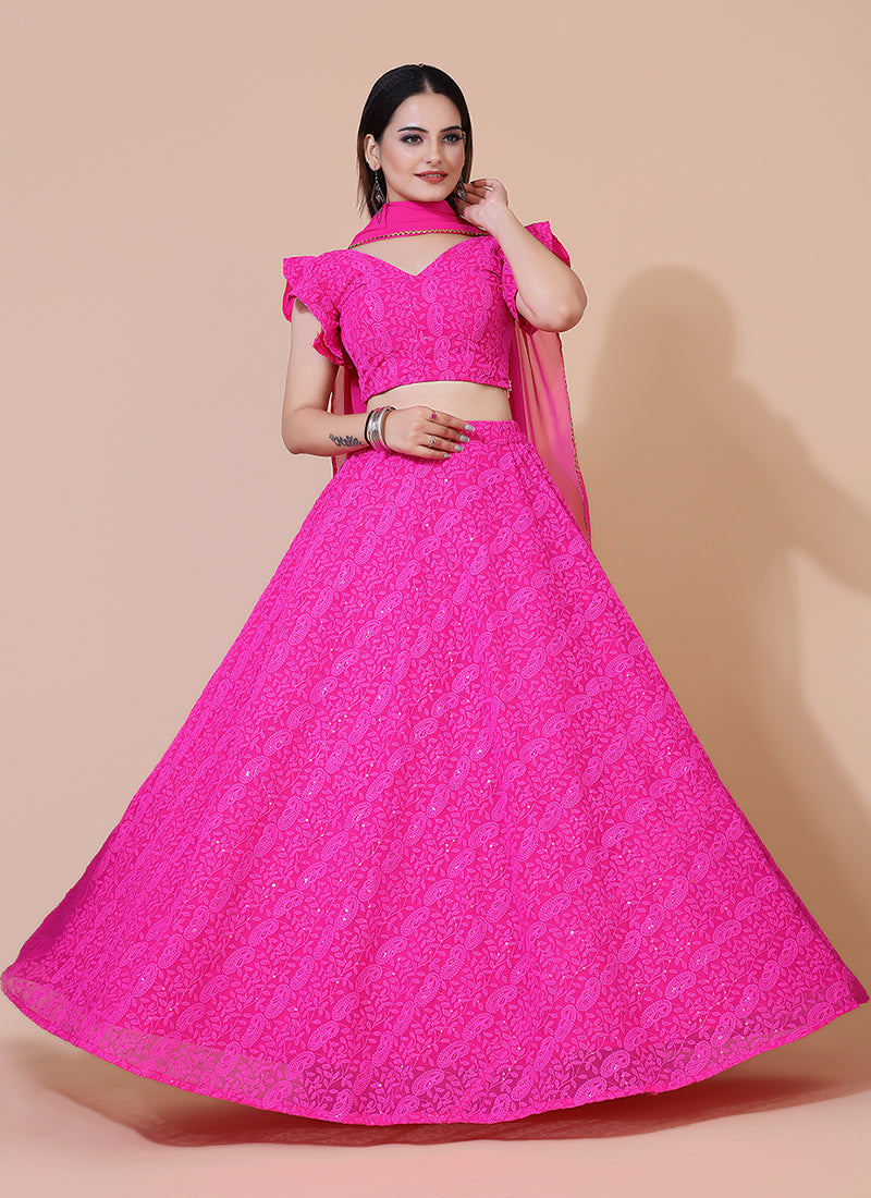Magenta Chikankari work ready-to-wear lehenga and blouse with dupatta, ideal for traditional and festive occasions.
