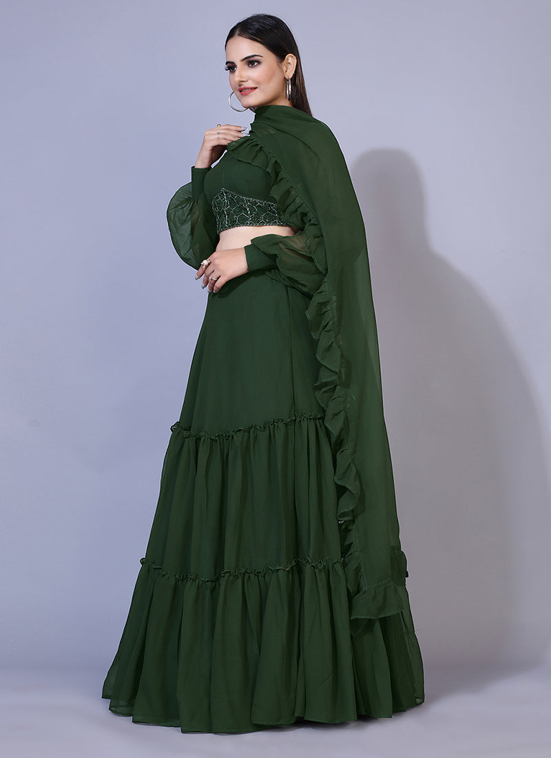 Mehendi-colored A-line Lucknowi Chikankari work stitched lehenga choli, ideal for traditional and festive celebrations.