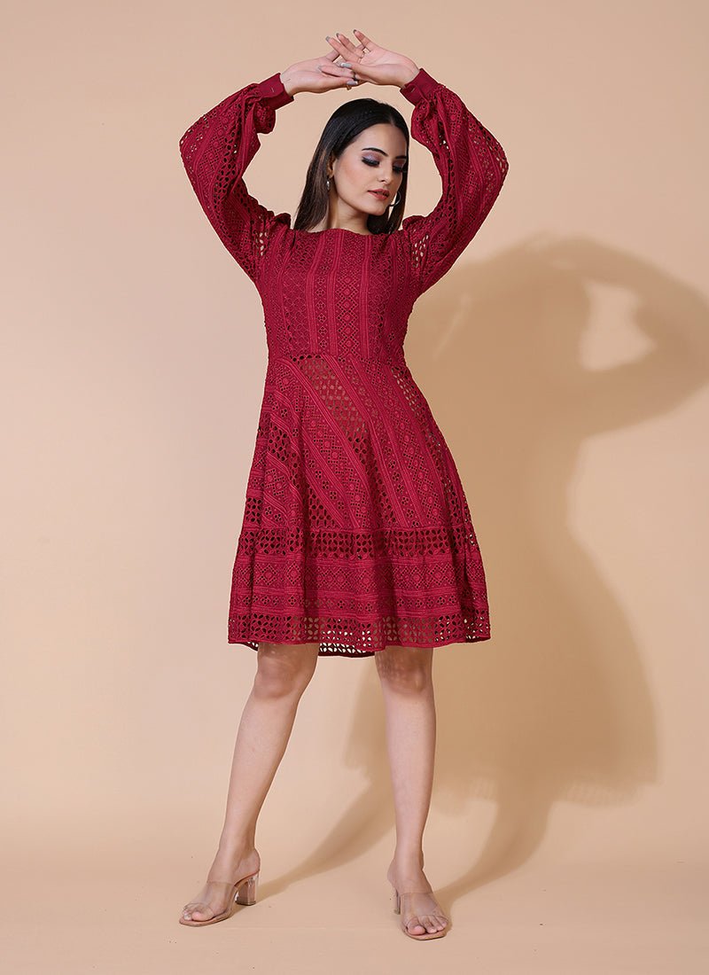 Maroon Chikankari rayon short dress, perfect for casual and festive occasions with traditional embroidery.