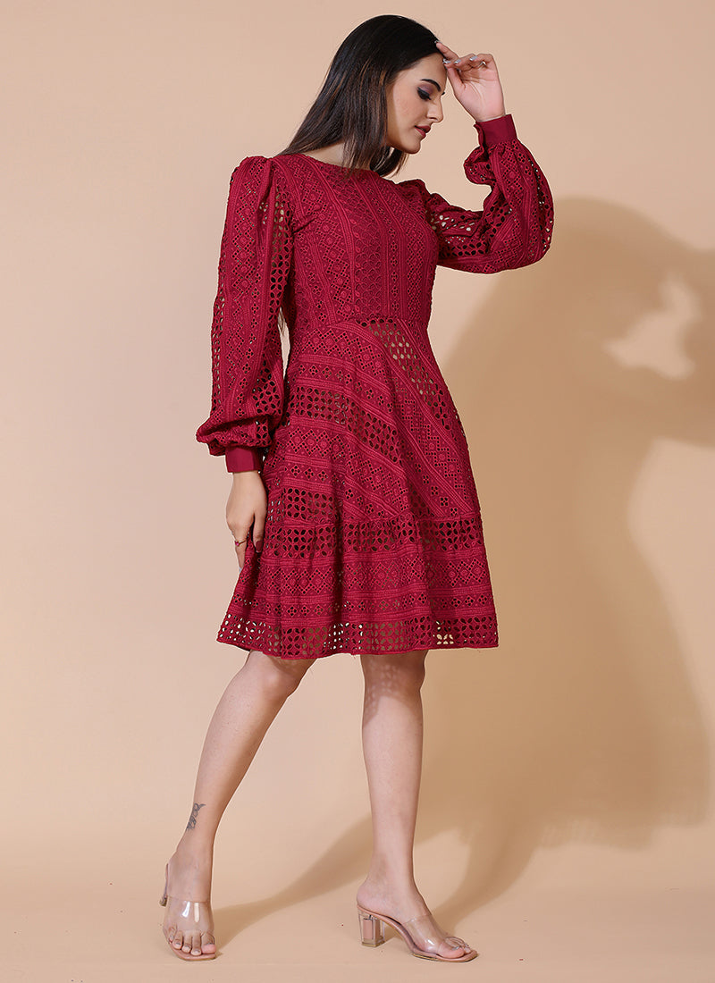 Maroon Chikankari rayon short dress, perfect for casual and festive occasions with traditional embroidery.
