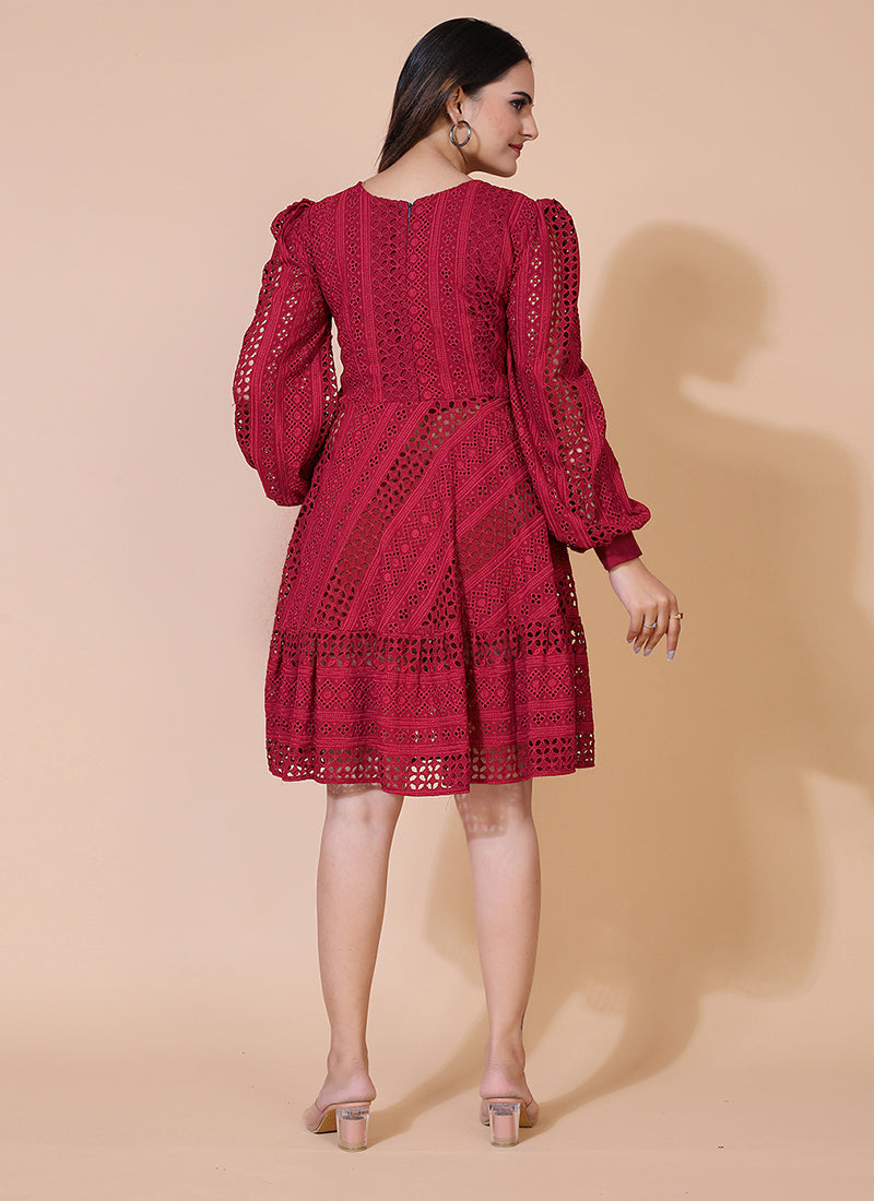 Maroon Chikankari rayon short dress, perfect for casual and festive occasions with traditional embroidery.