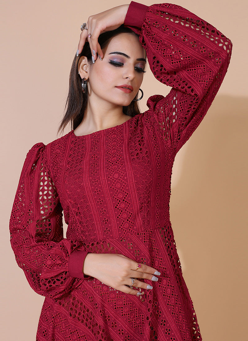Maroon Chikankari rayon short dress, perfect for casual and festive occasions with traditional embroidery.