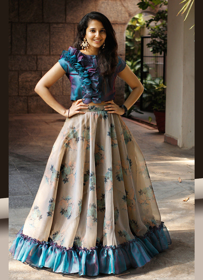 Miraculous Digital Printed Oraganza Silk Party Ware Lehenga Choli Alon