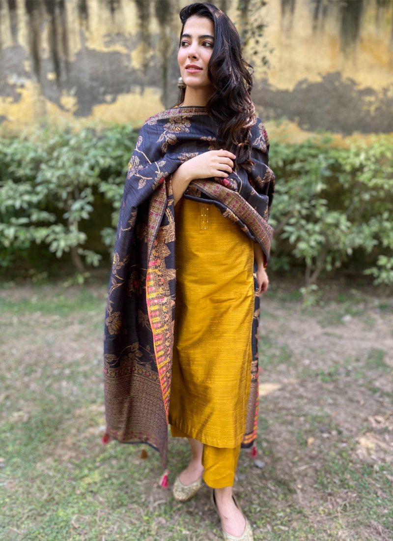 Mustard straight suit with Banarasi jacquard dupatta, perfect for traditional and festive events.