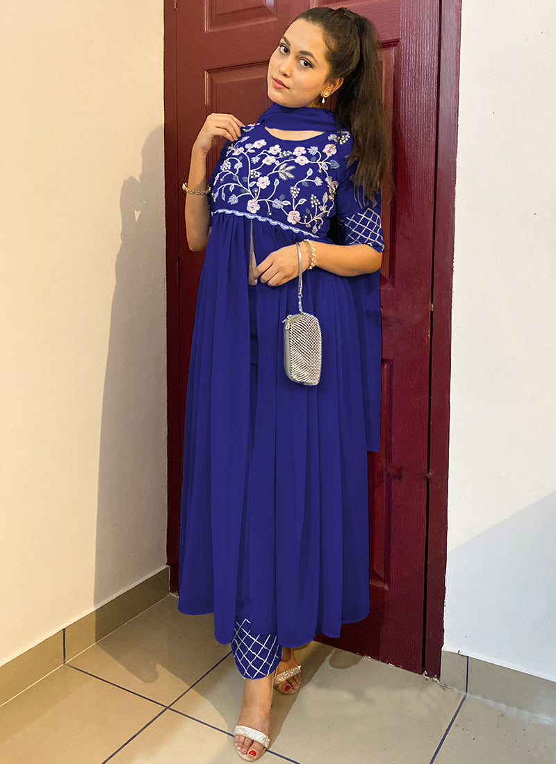 Navy blue colored partywear embroidered georgette top-bottom set, ideal for elegant and festive occasions.