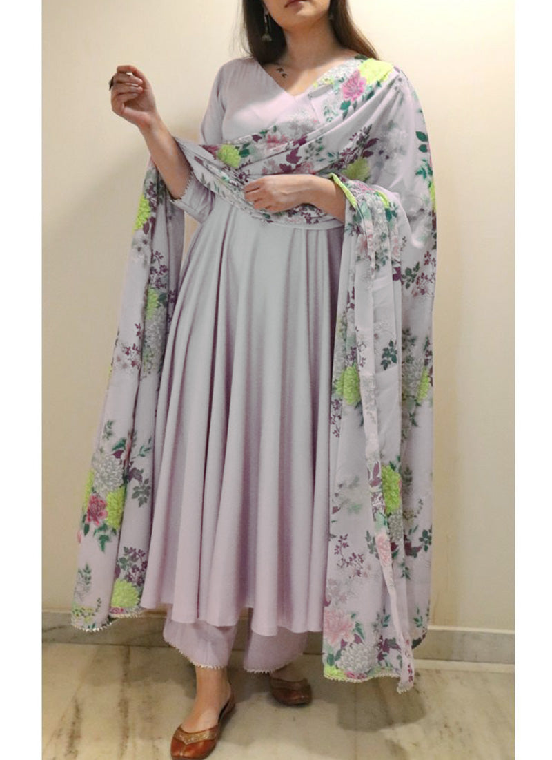 Ravishing slate gray colored partywear palazzo set with digital printed chiffon dupatta, perfect for elegant and festive occasions.