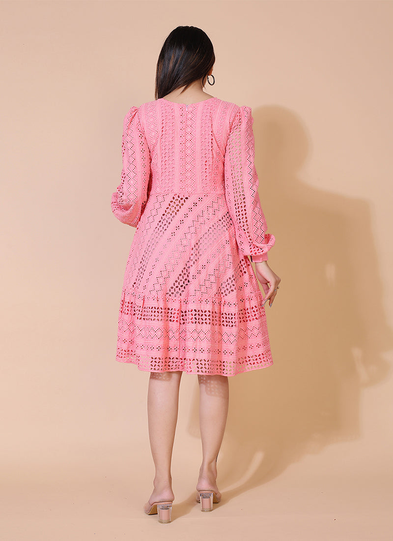 Rayon pink Chikankari short dress, ideal for casual and festive occasions with a traditional touch.