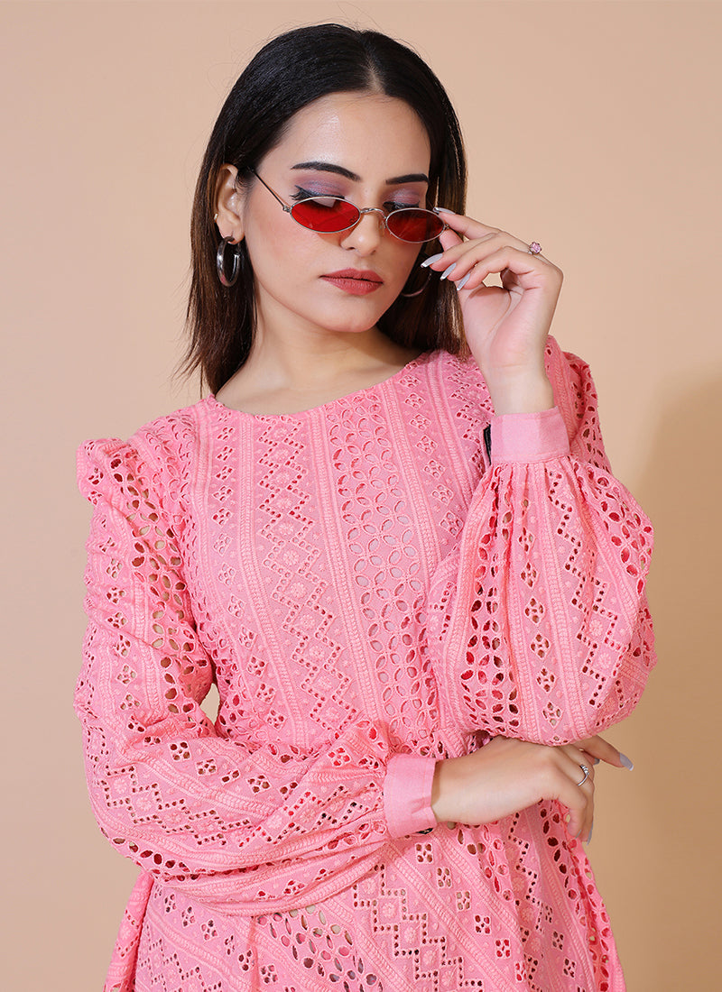 Rayon pink Chikankari short dress, ideal for casual and festive occasions with a traditional touch.