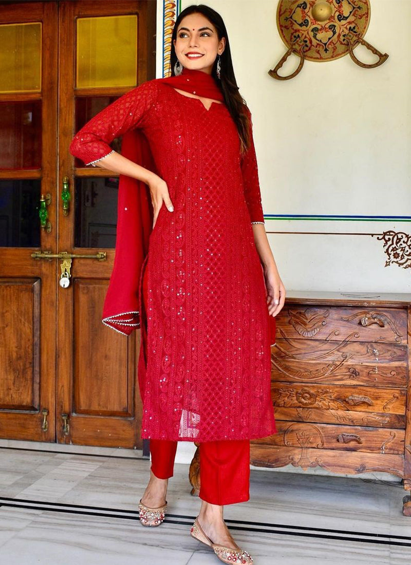 Red Lucknowi Chikankari work georgette kurti pant set with dupatta, ideal for traditional and festive occasions.