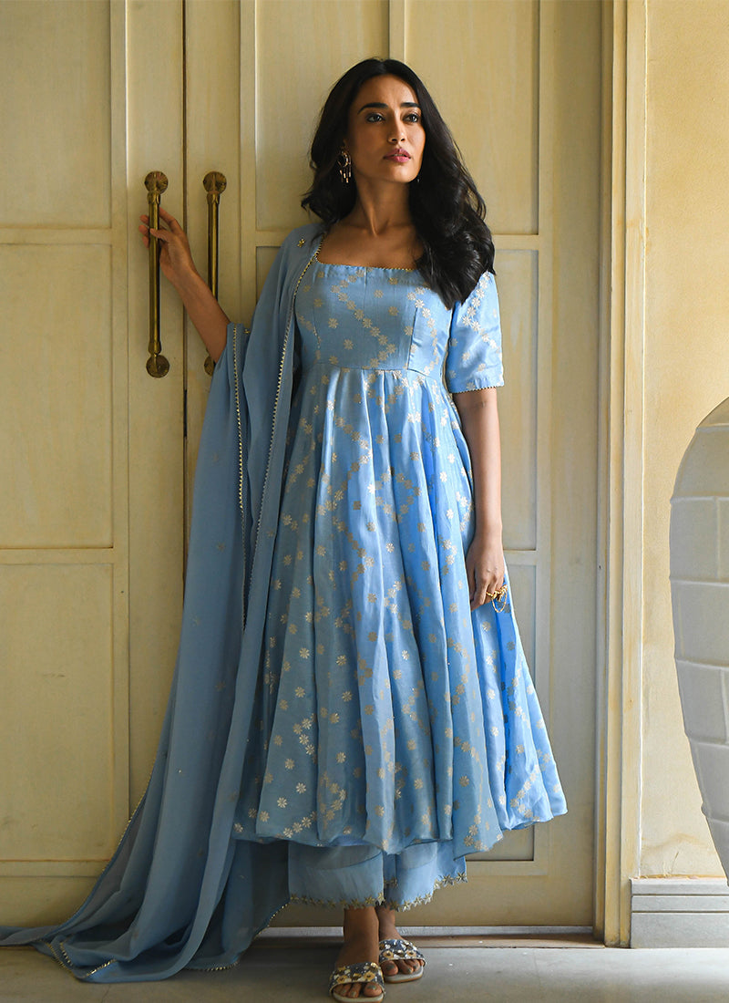 Sky blue designer partywear jacquard top and palazzo set, ideal for stylish and festive occasions.