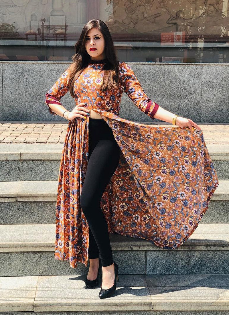 Transcendent Fancy Rayon Multi Colour Front Slit Designer Floor Length Kurti