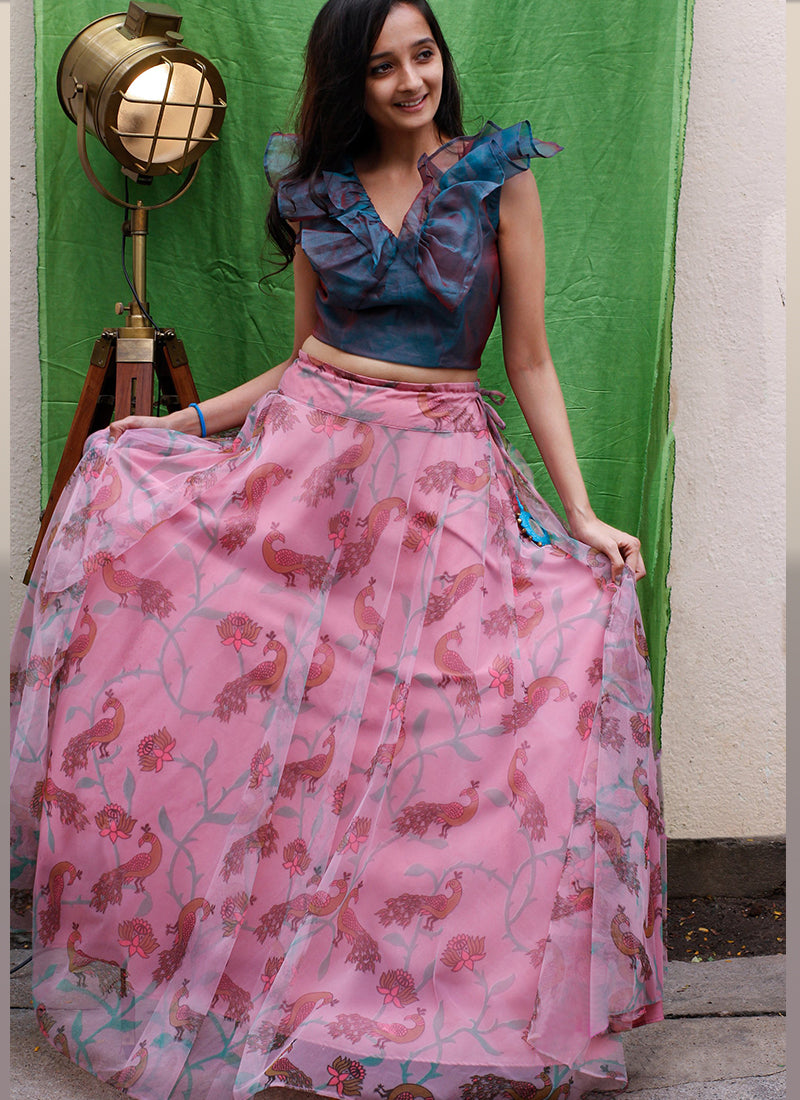 Festive lehenga choli in tissue silk with a stunning digital print (un stitched blouse).