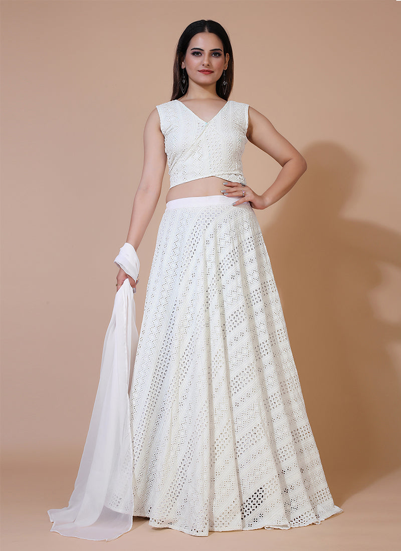 Milky White Stylish  Lehenga With Angrakha Style  Sleeveless Crop Top