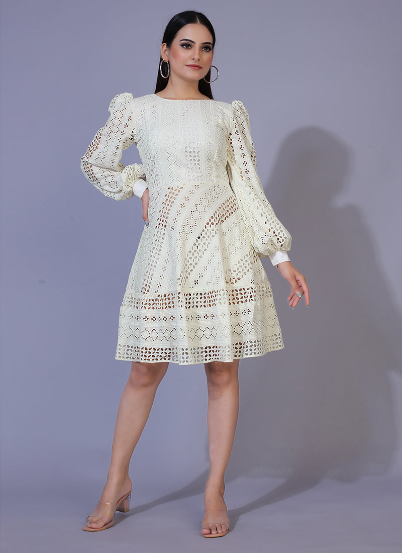 Off White Rayon Chikankari Short Dress
