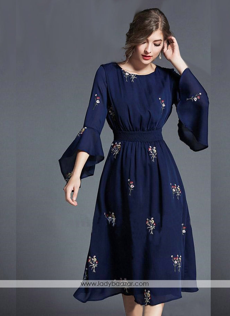 Marvelous Navy Blue Georgette Embroidery Ethnic Tunic