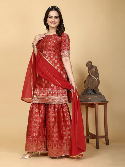 Ethnic Motifs Woven Kurta with Sharara & Dupatta: A Must-Have for Every Fashion Enthusiast