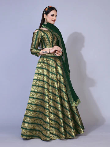 Dazzle in Fluorescent Green & Gold-Toned Woven Lehenga