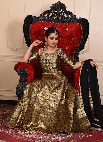 Elevate Your Bridal Style with Lady Baazar's Gold-Toned & Black Woven Ready-to-Wear Lehenga & Blouse With Dupatta