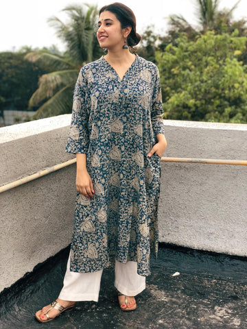 Elevate Your Style with Our Indigo Printed Cotton Kalamkari Kurta with Elasticated Palazzo Set