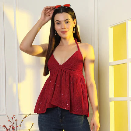 Red Hot & Ready to Rule The Statement Embroidered Georgette Top