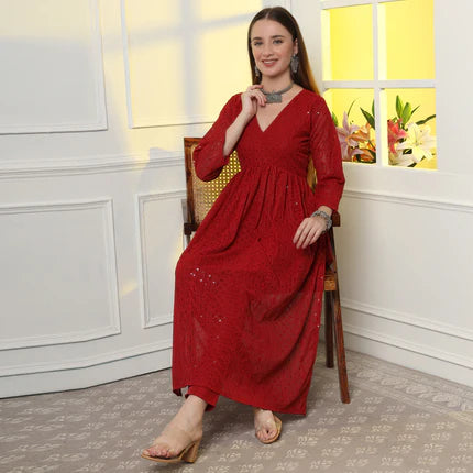 Red Royalty Awaits The Show-Stopping Paisley Chikankari Kurta Set