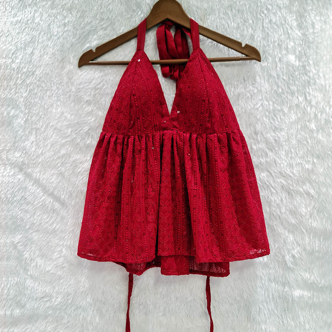 Hot & Ready to Rule: Maroon Chikankari Chiffon Halter Neck Top