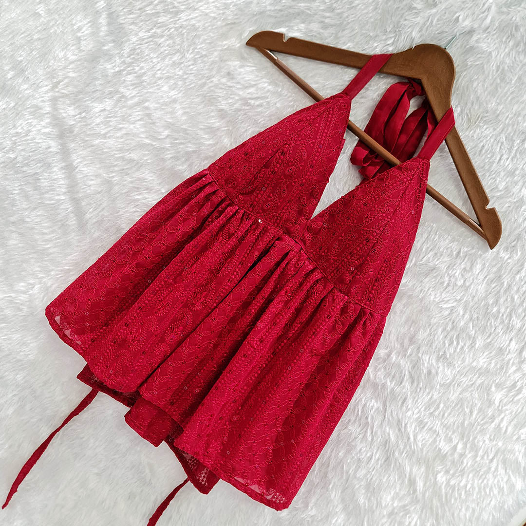 Hot & Ready to Rule: Maroon Chikankari Chiffon Halter Neck Top