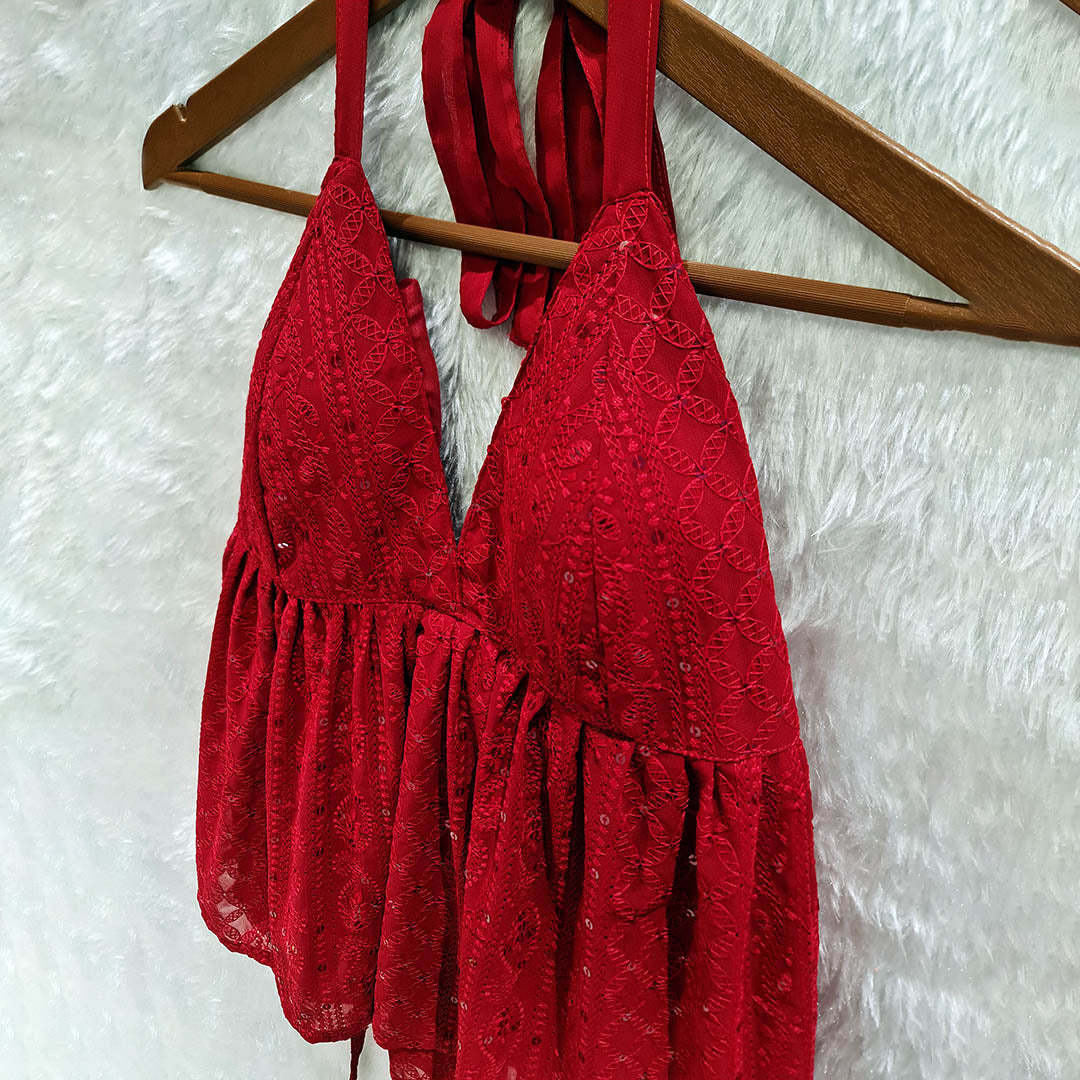 Hot & Ready to Rule: Maroon Chikankari Chiffon Halter Neck Top