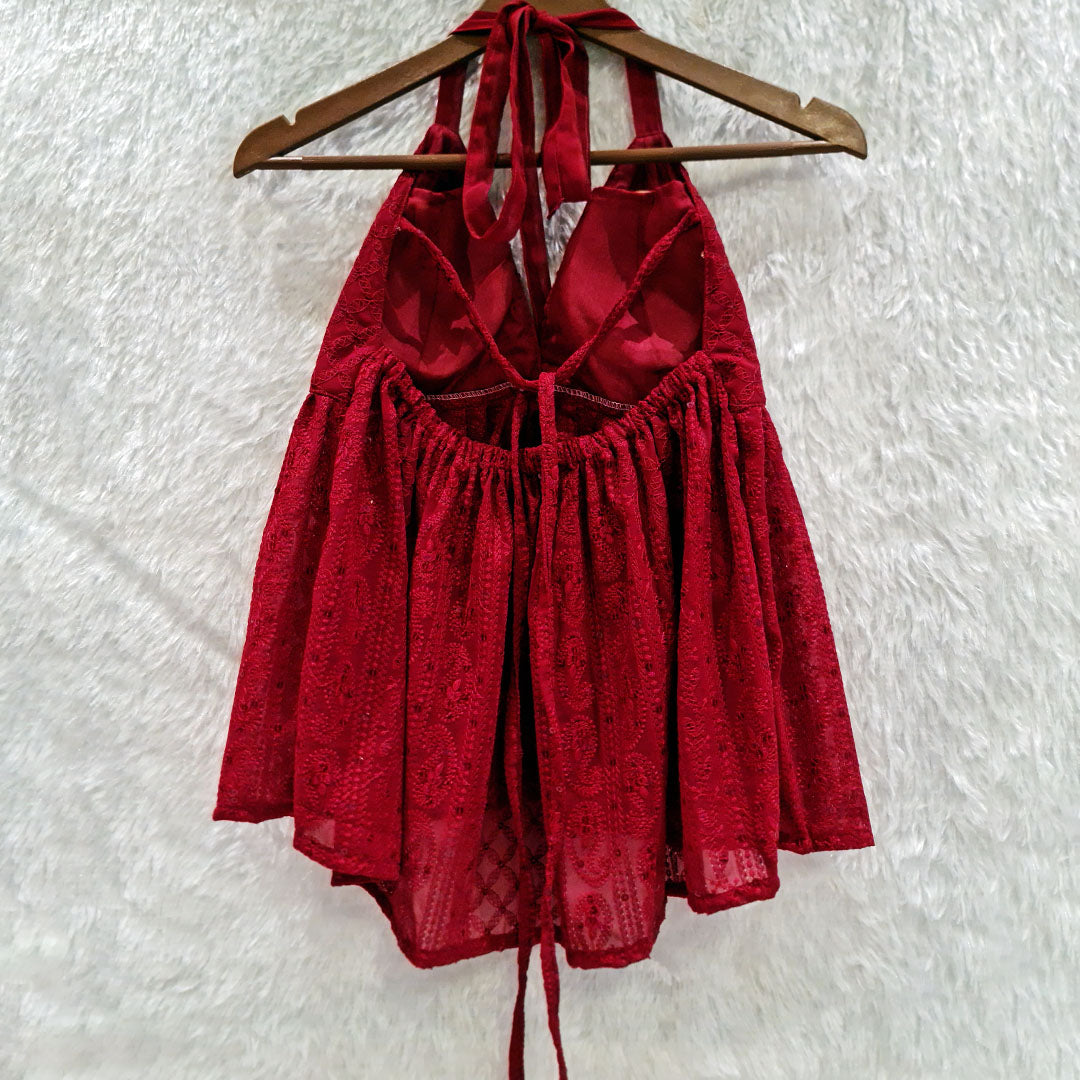 Hot & Ready to Rule: Maroon Chikankari Chiffon Halter Neck Top