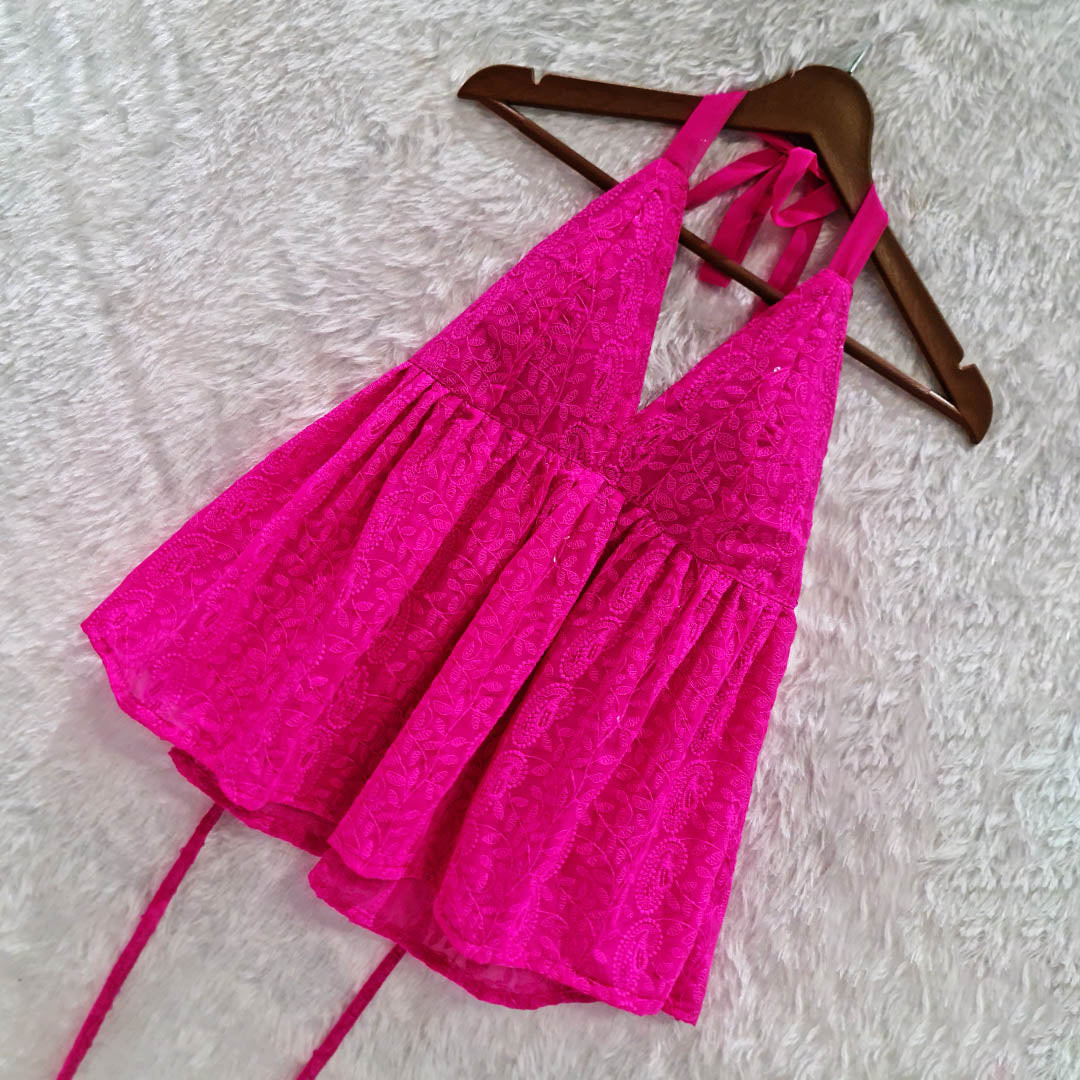 Pretty in Pink:Chikankari Chiffon Halter Neck Padded Top