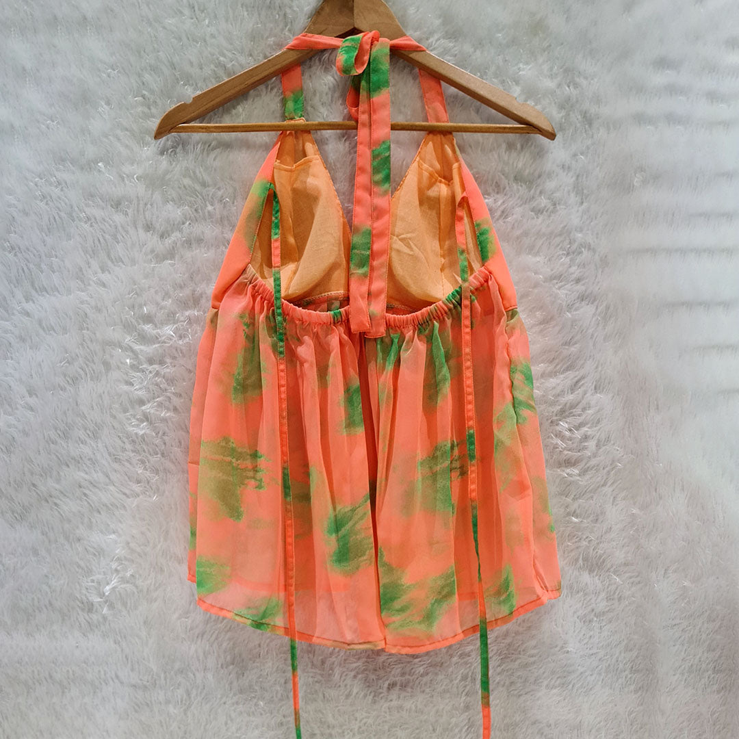 Orange Printed Halter Neck Chiffon Padded Top