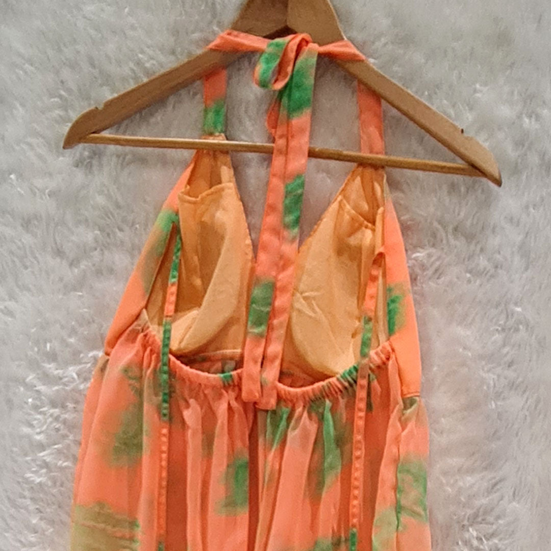 Orange Printed Halter Neck Chiffon Padded Top