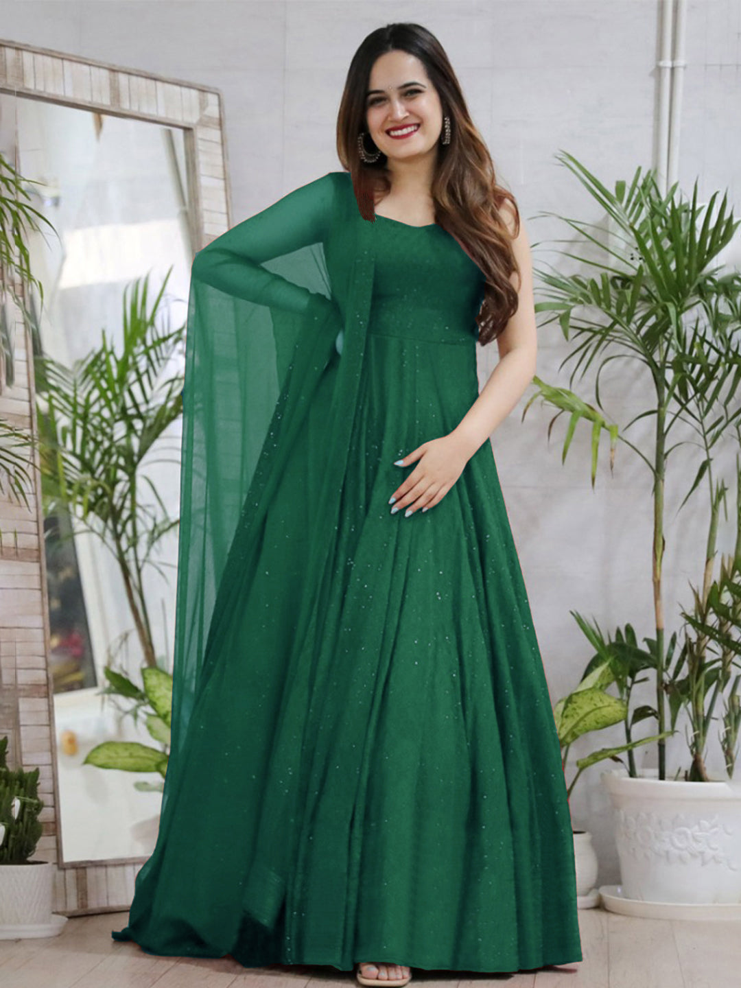 Green Anarkali Gown In Rayon With Lucknowi Chikankari Embroidery Work