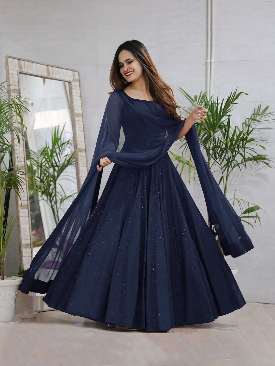 Navy Blue Anarkali Gown In Rayon With Lucknowi Chikankari Work