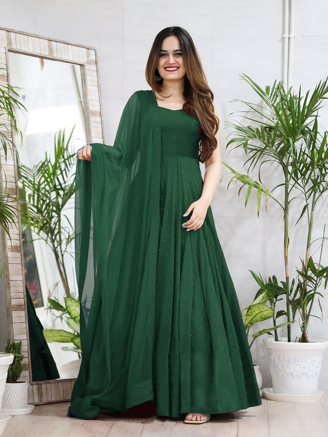 Green Anarkali Gown In Rayon With Lucknowi Chikankari Embroidery Work