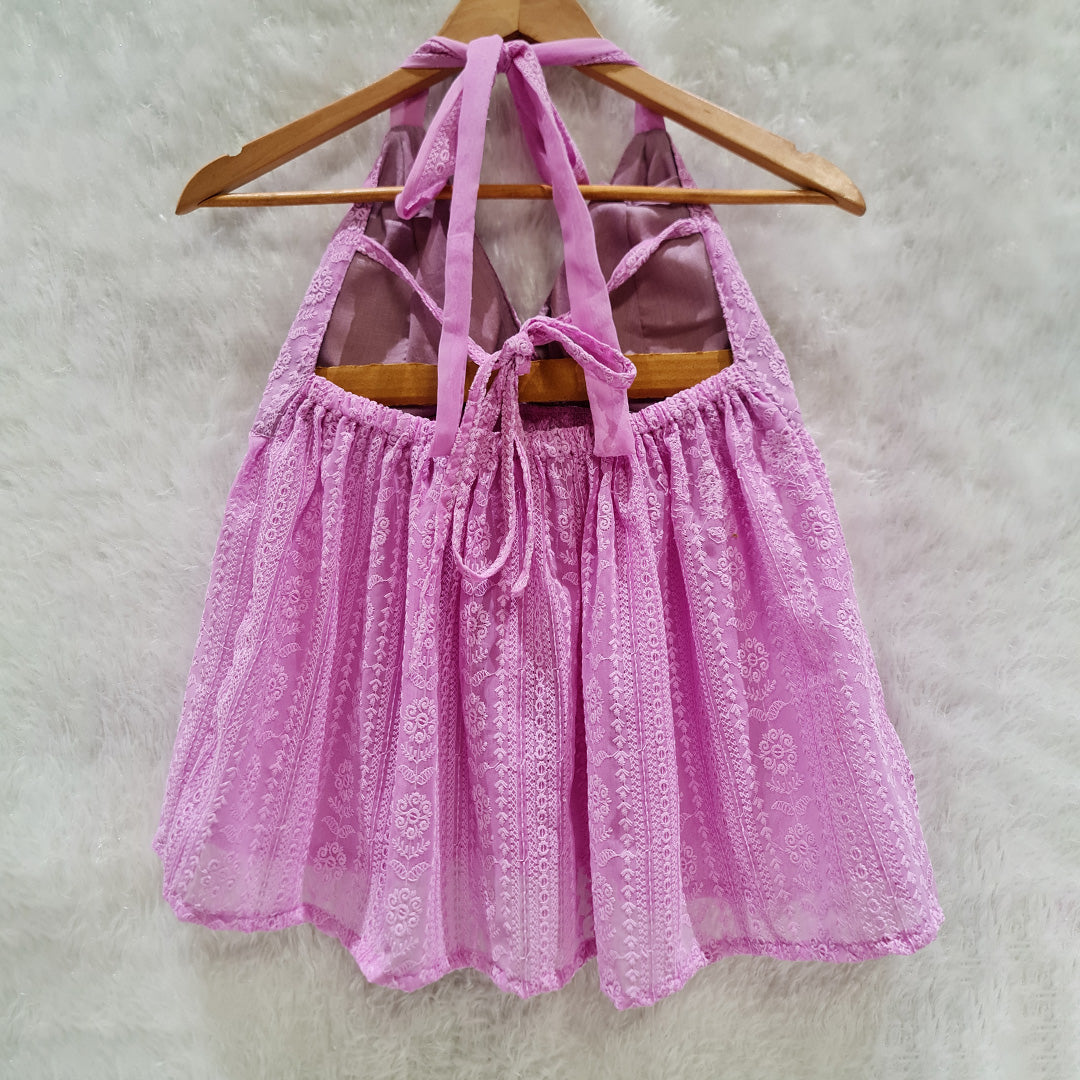 Summer's Soft Touch: Lavender Chikan Halter Neck Chiffon Padded Top