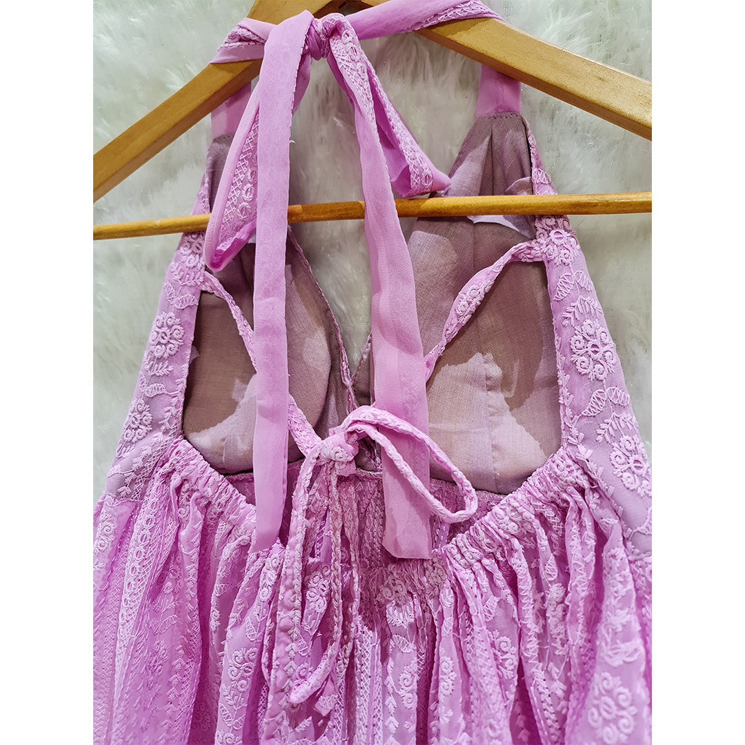 Summer's Soft Touch: Lavender Chikan Halter Neck Chiffon Padded Top