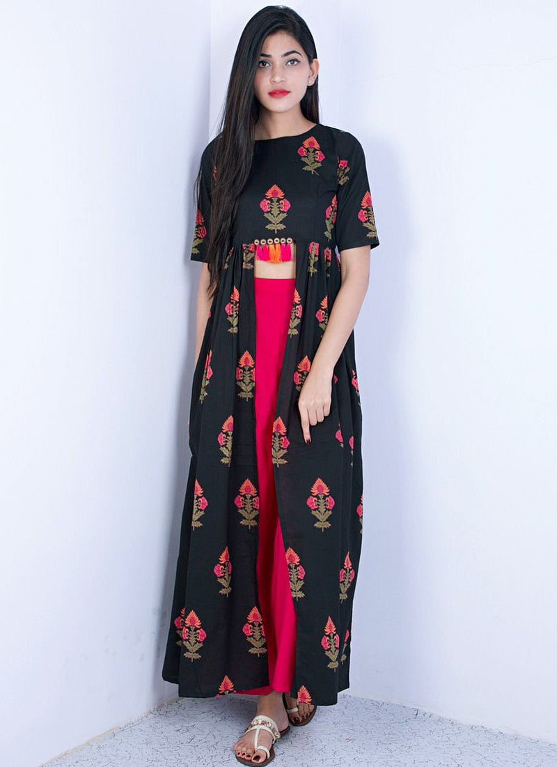 A charming black rayon indo western outfit featuring a playful pink print.