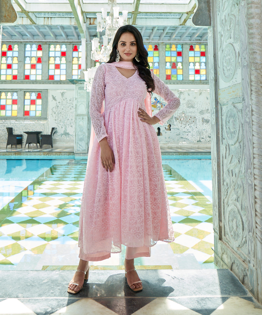 Baby Pink Georgette Anarkali Suit Set